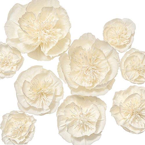 Product Cover Ling's moment Paper Flower Decorations, 9 X Cream White Flowers(12''-6''), Handmade Giant Crepe Paper Flowers for Wall Nursery Wedding Baby Shower Birthday Centerpiece Photo Backdrop
