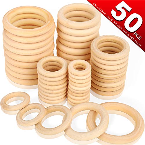 Product Cover Bestsupplier 50 Pcs Unfinished Solid Wooden Rings for Craft, Ring Pendant and Connectors Jewelry Making, 5 Size