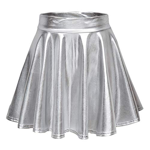 Product Cover Urban CoCo Women's Shiny Flared Pleated Mini Skater Skirt (M, Silver)