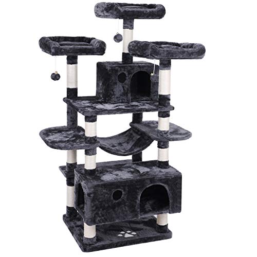 Product Cover BEWISHOME Large Cat Tree Condo with Sisal Scratching Posts Perches Houses Hammock, Cat Tower Furniture Kitty Activity Center Kitten Play House Grey MMJ03B