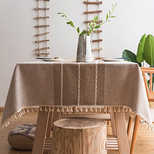 Product Cover ColorBird Stitching Tassel Tablecloth Heavy Weight Cotton Linen Fabric Dust-Proof Table Cover for Kitchen Dinning Tabletop Decoration (Rectangle/Oblong, 55 x 102 Inch, Linen)