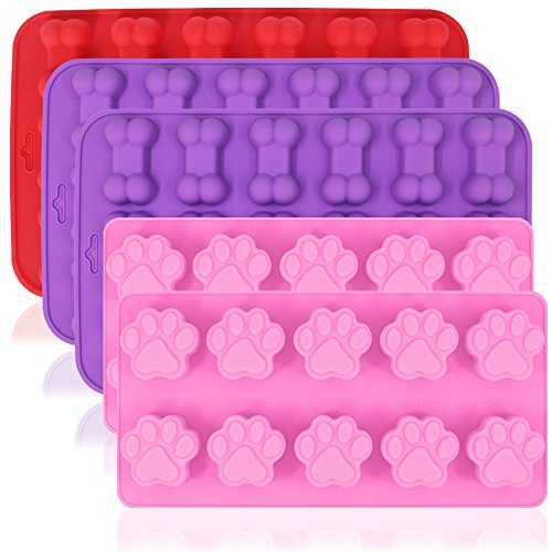 Product Cover 5 Pcs of Silicone Chocolate Candy Molds, AIFUDA Puppy Paw & Bone Non-stick Baking Molds Ice Cube Trays for Making Gumdrop Jelly Cake Muffin Cupcake - Pink, Purple, Red