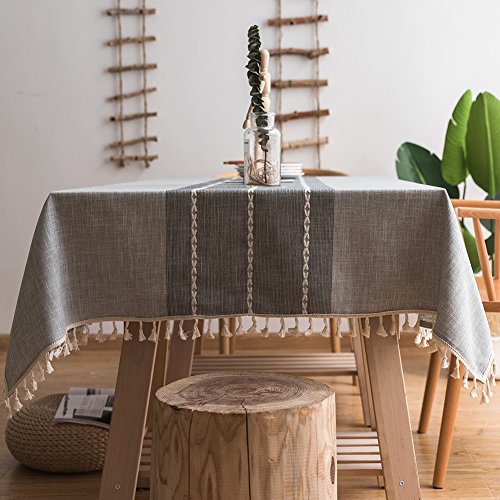 Product Cover ColorBird Stitching Tassel Tablecloth Heavy Weight Cotton Linen Fabric Dust-Proof Table Cover for Kitchen Dinning Tabletop Decoration (Rectangle/Oblong, 55 x 70 Inch, Gray)