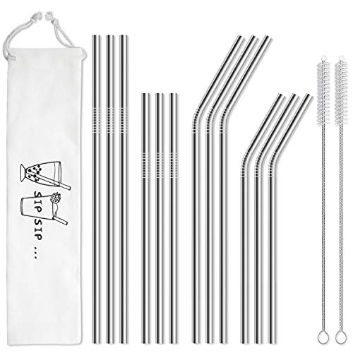 Product Cover Hiware 12-Pack Reusable Stainless Steel Metal Straws with Case - Curved Drinking Straws for 30 oz and 20 oz Tumblers Yeti Dishwasher Safe - 2 Cleaning Brushes Included
