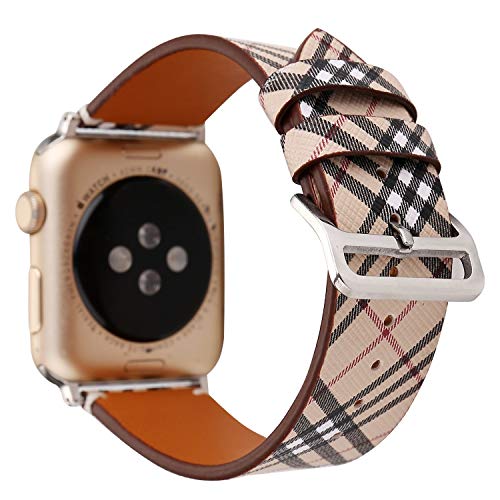 Product Cover Amedve for Apple Watch Band Tartan Plaid Style Replacement Strap Wrist Band with Silver Metal Adapter for Apple Watch Series 1 Series 2 Series 3, Sport & Edition (Khaki, 42mm)