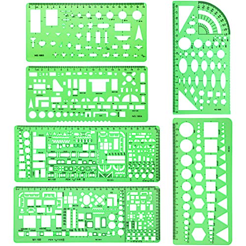 Product Cover 6 Pieces Plastic Measuring Templates Building Formwork Stencils Geometric Drawing Rulers for Office and School, Clear Green