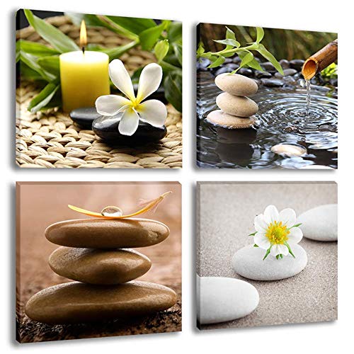 Product Cover Inzlove Zen Stone Still Life Modern Canvas Wall Art Green Bamboo Fountain with Jasmine Flower Painting Pictures for Home Decor