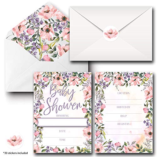 Product Cover 20 Pack Baby Shower Invitations for Girl, Floral Fill in Blank Invite Cards W/Envelopes and Matching Seal Sticker, 5x7 Double Sided Postcard Style Invites Card