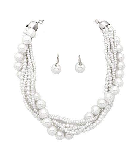 Product Cover Fashion 21 Women's Twisted Multi-Strand Simulated Pearl, Acrylic Ball Statement Necklace and Earrings Set (White)