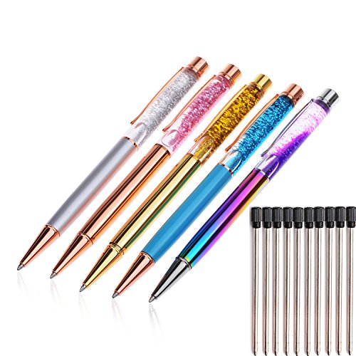 Product Cover Liquid Sand Pen Ballpoint Pens 5 Pcs Metal Pen Refills Bling Dynamic Liquid Sand Pen Black Ink +10Pcs 2.75'' Ballpoint Pen Refills (5 Color)