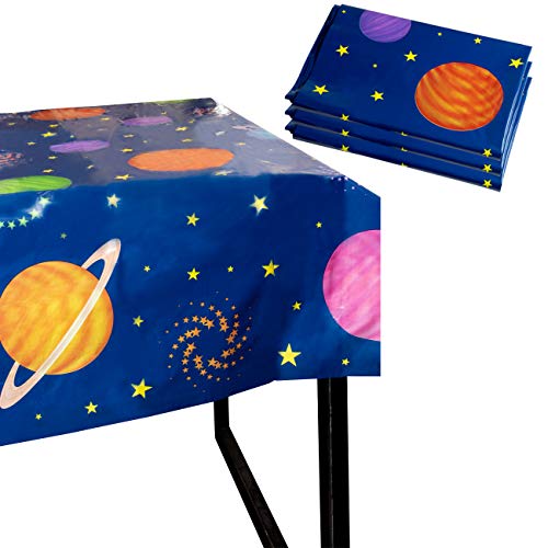 Product Cover Outer Space Party Tablecloth - 3-Pack Disposable Plastic Rectangular Table Covers - Solar Planet Themed Party Supplies for Kids Birthday Decorations, Solar System Design, 54 x 108 Inches