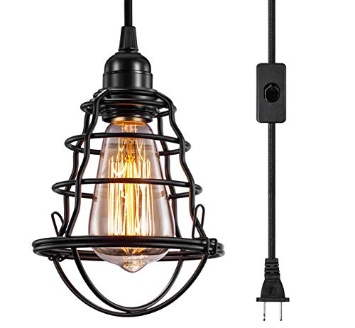 Product Cover INNOCCY Industrial Plug in Pendant Light Vintage Hanging Cage Pendant Lighting E26 E27 Mini Pendant Light Edison Plug in Light Fixture On/Off Switch