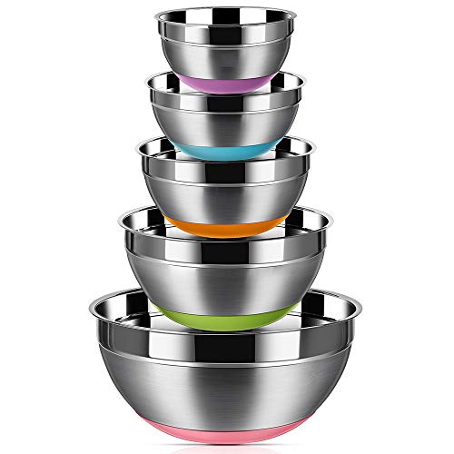 Product Cover Stainless Steel Mixing Bowls (Set of 5), Non Slip Colorful Silicone Bottom Nesting Storage Bowls by Regiller, Polished Mirror Finish For Healthy Meal Mixing and Prepping 1.5-2 - 2.5-3.5 - 7QT
