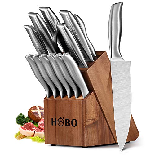 Product Cover HOBO 2019 Kitchen 14-Piece German Professional Chef Knife Set with Wooden Block, Premium Anti-Rust Cutlery Scissors and Sharpener, Silver
