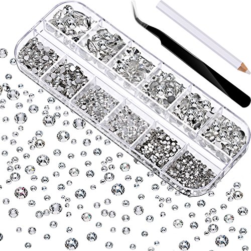 Product Cover TecUnite 2000 Pieces Flat Back Gems Round Crystal Rhinestones 6 Sizes (1.5-6 mm) with Pick Up Tweezer and Rhinestones Picking Pen for Crafts Nail Face Art Clothes Shoes Bags DIY (Clear)