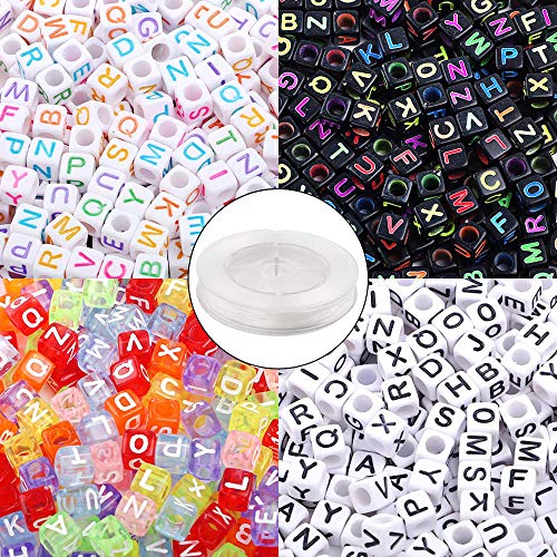 Product Cover Quefe 1000pcs 4 Color Acrylic Alphabet Letter Beads with 50 Meters Elastic Crystal String Cord for Jewelry Making DIY Necklace Bracelet（6mm）