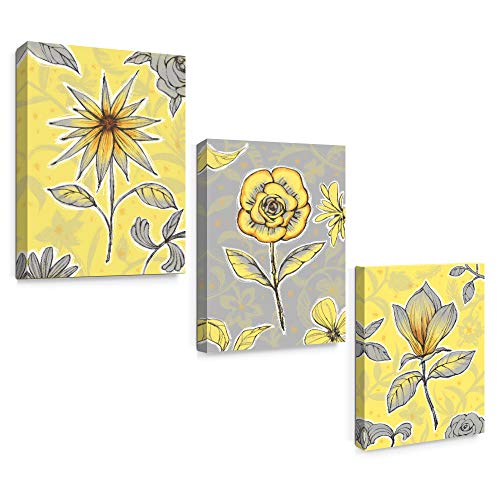 Product Cover SUMGAR Yellow Wall Art Bedroom 3 Piece Grey Flower Pictures Kitchen Gray Floral Canvas Paintings Living Room Framed Artwork Set Bathroom Decor,12x16 inch