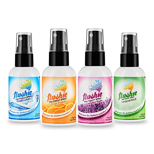 Product Cover Flushie Pre-Toilet Sprays 2- Ounce (4pack- Citrus, Linen, Lavender, unscented), Toilet Spray, Bathroom Deodorizer, Poop Spray, Before You Go Spray, Perfect for Travel, Fits in Any Purse