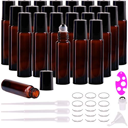 Product Cover INICE 24 Pack 10ml Roll On Bottles Amber Thick Glass Roller Bottle Big Steel Roll Ball for Aromatherapy Essential Oils (24 Labels, 3 Droppers, 1 Funnel, 1 Extra Roller Balls, 1 Bottle Opener)