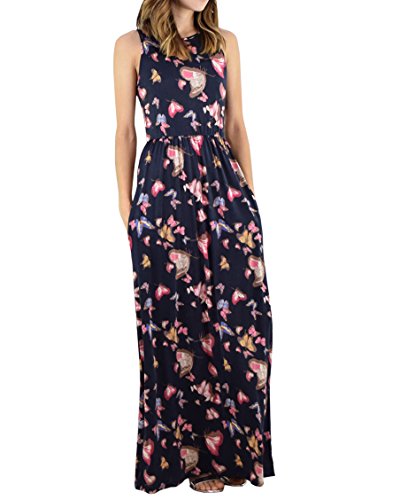 Product Cover Imysty Womens Maxi Dresses Floral Print Sleeveless Casual Swing Long Dress with Pockets