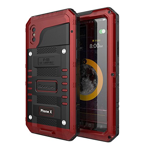 Product Cover Beasyjoy Metal Case for iPhone X,Heavy Duty Hard Strong Aluminum Cover Waterproof with Screen Full Body Protector, Drop Proof Shockproof Tough Rugged Durable Military Grade for Sports,Red