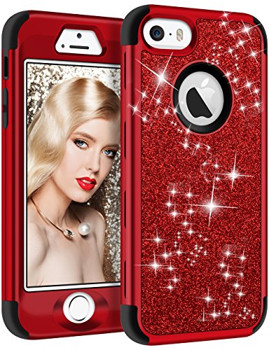 Product Cover Vofolen Case for iPhone SE Case iPhone 5S Case Glitter Bling Shiny Heavy Duty Protection Full-Body Protective Cover Hard Shell Hybrid Silicone Rubber Armor + Front Bumper for iPhone 5 5S SE Red