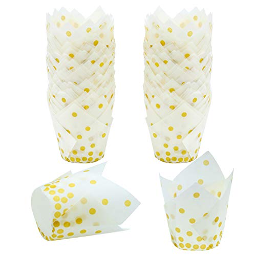 Product Cover Resinta 150 Pieces Tulip Baking Cups Cupcake or Muffin Liners for Birthday Party Wedding Decoration,White With Gold Dots