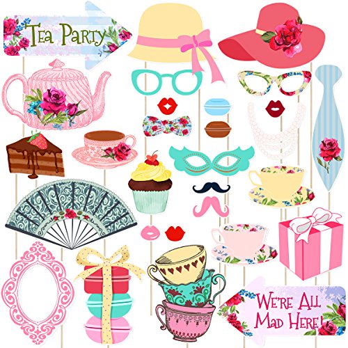 Product Cover LUOEM Tea Party Photo Booth Props Tea Party Stick Props Funny Tea Party Supplies - Wedding,Bachelorette,Engagement,Birthday,Bridal Shower,Christmas Party Decorations (30 Pack)