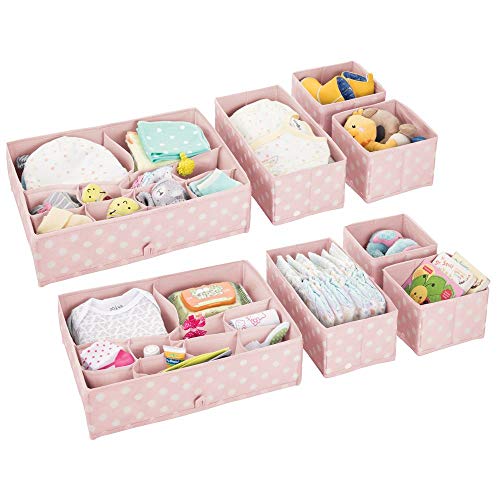 Product Cover mDesign Soft Fabric Dresser Drawer and Closet Storage Organizer Set for Child/Kids Room, Nursery - Includes Large and Small Organizers - Polka Dot Pattern, Set of 8 - Light Pink/White