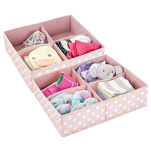 Product Cover mDesign Soft Fabric Dresser Drawer and Closet Storage Organizer, 4 Section Divided Bin for Child/Kids Room, Nursery, Playroom, Bedroom - Fun Polka Dot Print, 2 Pack - Pink/White