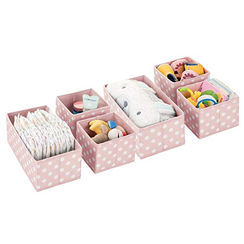 Product Cover mDesign Soft Fabric Dresser Drawer, Closet Storage Organizers for Child/Kids Room, Nursery, Playroom - Holds Boys, Girls, Baby Clothes, Onsies, Diapers, Wipes - Polka Dot Print, Set of 6 - Pink/White