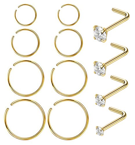 Product Cover Masedy Nose Rings 12Pcs 20G 316L Stainless Steel L Shaped Nose Studs Cartilage Tragus Septum Piercing Gold