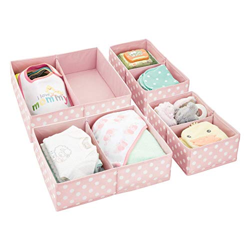Product Cover mDesign Soft Fabric Dresser Drawer and Closet Storage Organizer for Child/Kids Room, Nursery - Divided 2 Compartment Organizer - Fun Polka Dot Print - Set of 4, 2 Sizes - Pink with White Dots