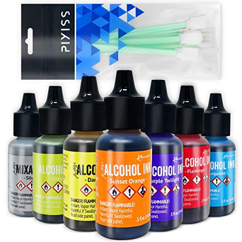 Product Cover Alcohol Ink Set 7 Bottle Collection of Ranger Tim Holtz Alcohol Inks for Paper, Resin Epoxy Tinting, Petri Dish Making, 15ml/0.5-Ounce Alcohol Based Ink Each, Vibrant Colors and Metallic Mixitives