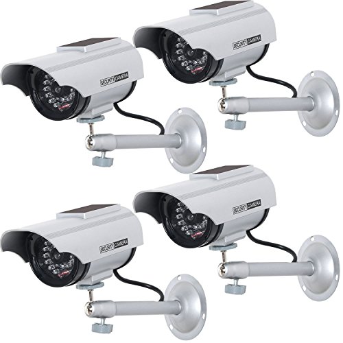 Product Cover WALI Solar Powered Bullet Dummy Fake Simulated Surveillance Security CCTV Dome Camera Indoor Outdoor with 1 LED Light, Warning Security Alert Sticker Decal (SOLTC-S4), 4 Packs, Silver