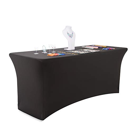 Product Cover Buybility 6ft Spandex Fitted Tablecloth Premium 210 GSM Heavy Duty Weight Cover 72 x 30 Rectangular Table Black Elastic Pro 4 Way Stretch Vendor Event Trade Show Wedding Birthday Party DJ Kiosk