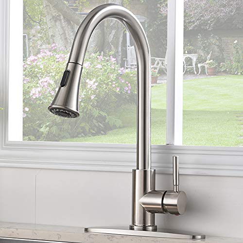 Product Cover KINGO HOME Modern Commercial Lead Free High Arc Stainless Steel Single Lever Handle Pull Down Sprayer Brushed Nickel Kitchen Faucet, Kitchen Sink Faucet With Deck Plate