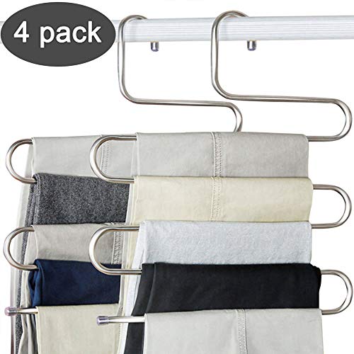 Product Cover devesanter Pants Hangers S-Shape Trousers Hangers Stainless Steel Clothes Hangers Closet Space Saving for Pants Jeans Scarf Hanging Silver (4 Pack with 10 Clips)