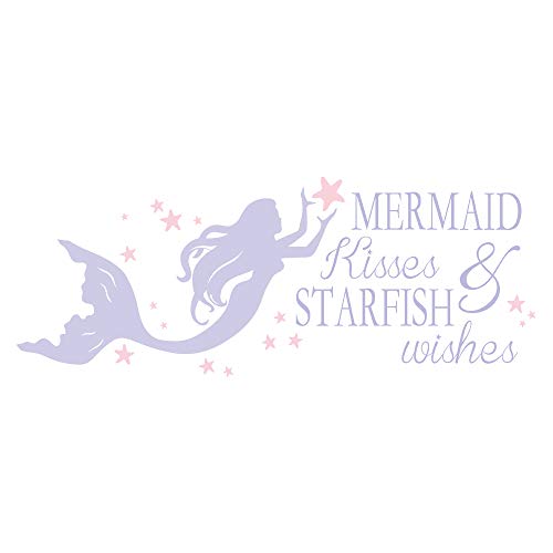Product Cover decalmile Purple Mermaid Wall Decals Girls Bedroom Mermaid Kisses & Starfish Wishes Pink Stars Wall Stickers Baby Nursery Kids Bedroom Wall Decor