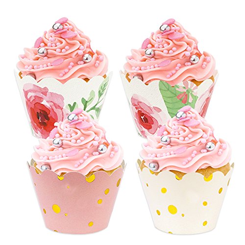 Product Cover BAKHUK 48pcs Floral Rose Gold Cupcake Wrappers, Baby Shower Decorations for Girl, Pink and Gold Party Supplies for Wedding Party Birthday Decorations