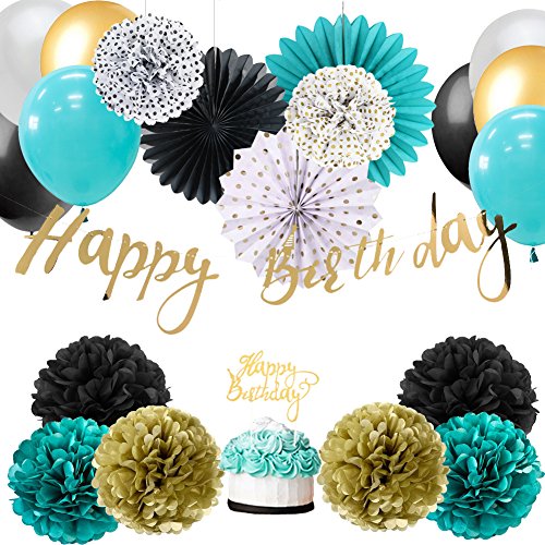 Product Cover Easy Joy Baby Boy 1st Birthday Decoration Wild One Birthday Decorations Kit Tissue Paper Pom Poms Flowers Rosette Fans Latex Balloons Decor with Gold Happy Birthday Banner (Teal Gold White)
