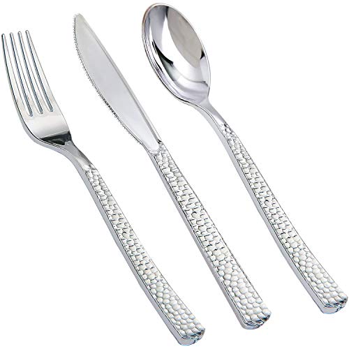 Product Cover 180 pieces Silver Plastic Silverware, Party Plastic Flatware, Plastic Silver Cutlery for Wedding include 60 Silver Forks, 60 Silver Knives, 60 Silver Spoons,Enjoylife (silver)