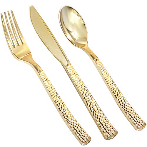 Product Cover 180 pieces Gold Plastic Silverware, Party Plastic Flatware, Wedding Plastic Cutlery Include 60 Gold Forks, 60 Gold Knives, 60 Gold Spoons, Supernal