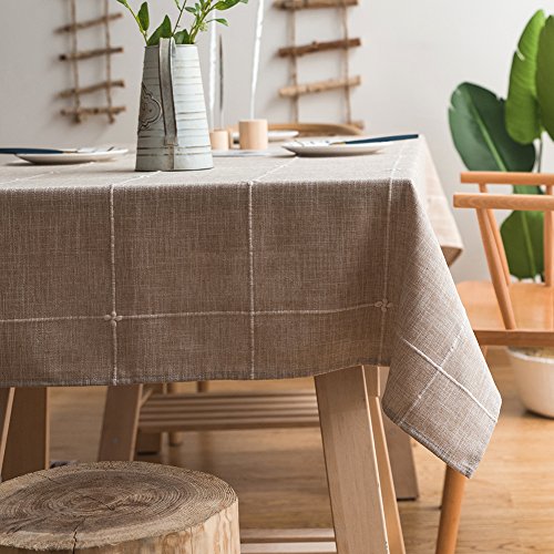 Product Cover ColorBird Solid Embroidery Lattice Tablecloth Cotton Linen Dust-Proof Checkered Table Cover for Kitchen Dinning Tabletop Decoration (Rectangle/Oblong, 52 x 102 Inch, Linen)