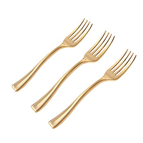 Product Cover WDF Premium Disposable Plastic Mini Forks 300 Pieces 4 Inches | Gold Plastic Forks | Heavy Duty Plastic Tasting Forks | Perfect for Small Appetizers and Desserts (Mini Forks)