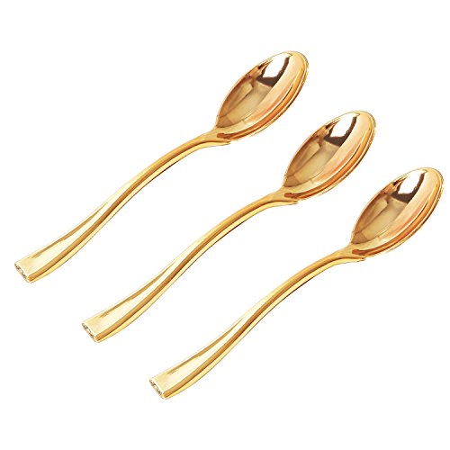 Product Cover WDF Premium Disposable Plastic Mini Spoons 300 Pieces 4 Inches | Gold Plastic Spoons | Heavy Duty Plastic Tasting Spoons | Perfect for Small Appetizers and Desserts