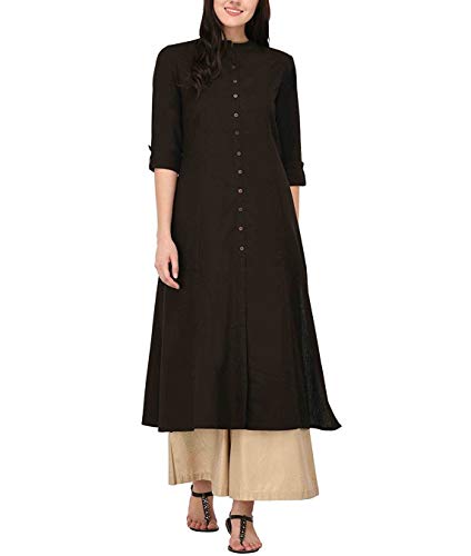Product Cover Women's Pure Cotton Plain Tunic Top Front Slit 3/4 Sleeves Roll-UP Chinese Neck Buttons Down Pocket Long Kurti Kurta