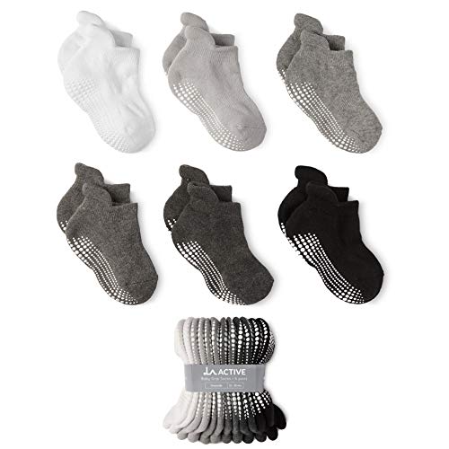 Product Cover LA Active Baby Toddler Grip Ankle Socks - 6 Pairs - Non Slip/Skid Covered (Grayscale, 12-36 Months)