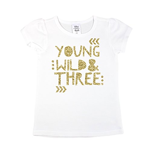 Product Cover 3rd Birthday Shirt for Girls Young Wild & Three Short Sleeve Puff Sleeve White Gold Shirt