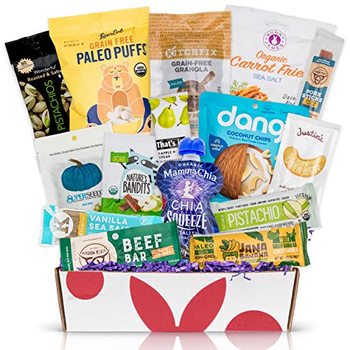 Product Cover PALEO Diet Snacks Gift Basket: Mix of Whole Foods Protein Bars, Grain Free Granola, Cookies, Jerky Meat Sticks, Fruit & Nut Snacks Sampler Box